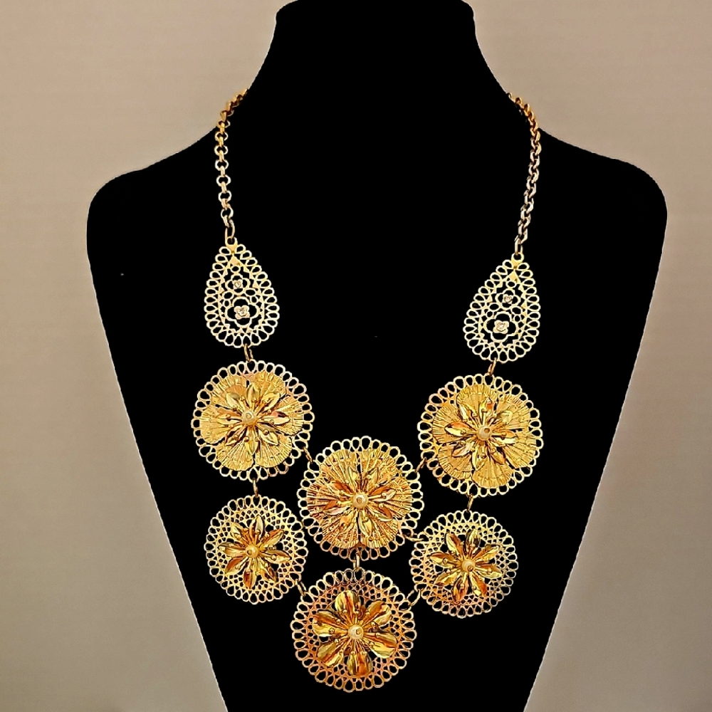 Filigree Floral Goldtone Coin Bib Statement Necklace
